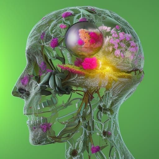 brain of a person with elegant greenery and delicate flowers...