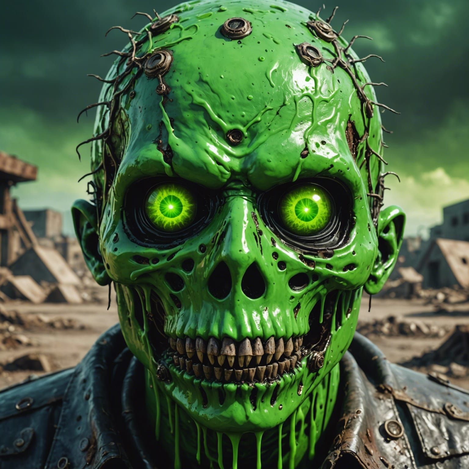 toxic slime with green eyes, radioactive wasteland backgroun...