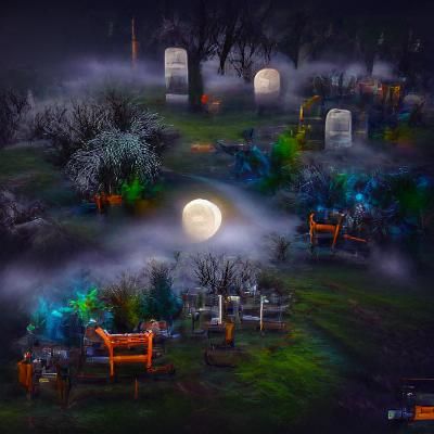 Creepy Halloween graveyard scene at night with full moon and...