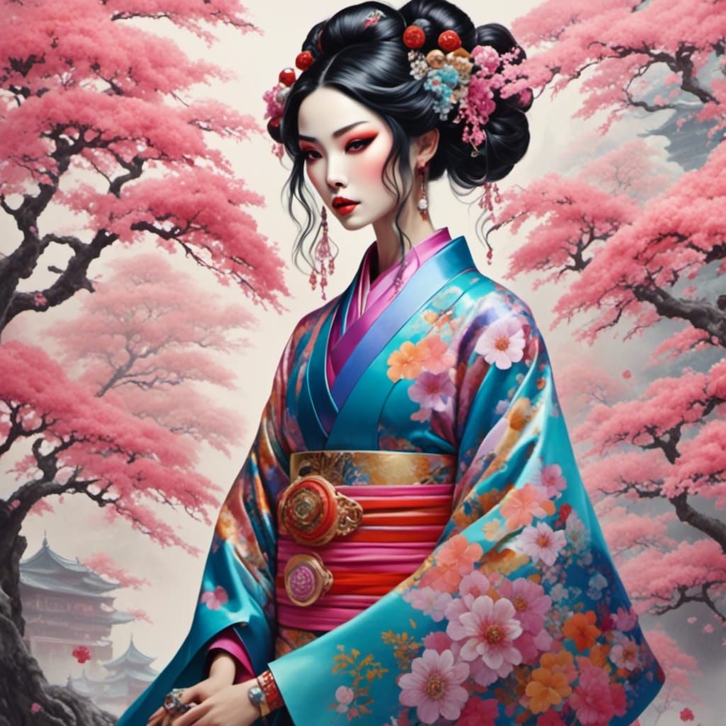 Anime Geisha with Brooding, Toothache Aesthetic