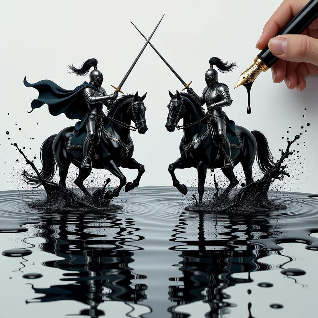 On a sheet of paper lies an ink pen leaking dark ink. From the spreading puddle rise two detailed knights on horseback, charging at each oth...