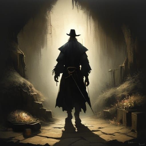 Moody Oil Painting of Cloaked Figure in Seaside Cave