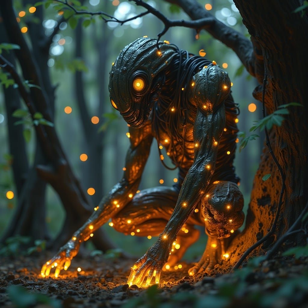 <lora:MJ6 SciFi Aliens:1.0> A humanoid creature made of glowing wires, covered in grayish-brown fur and with gold eyes, crouches on the grou...