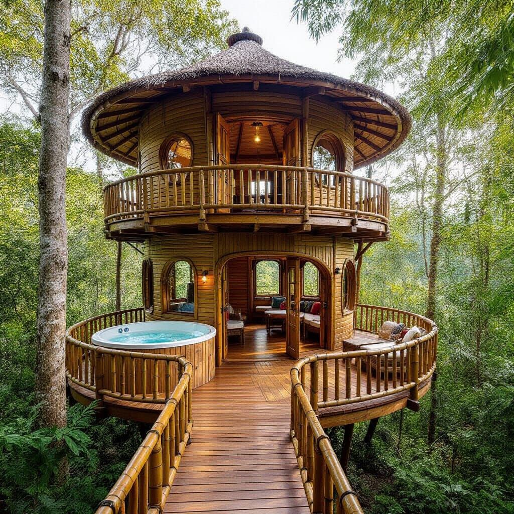 Treehouse with every room on a different place connected with a bamboe pad to each room. At the top there is a grand terras, with a bubble b...