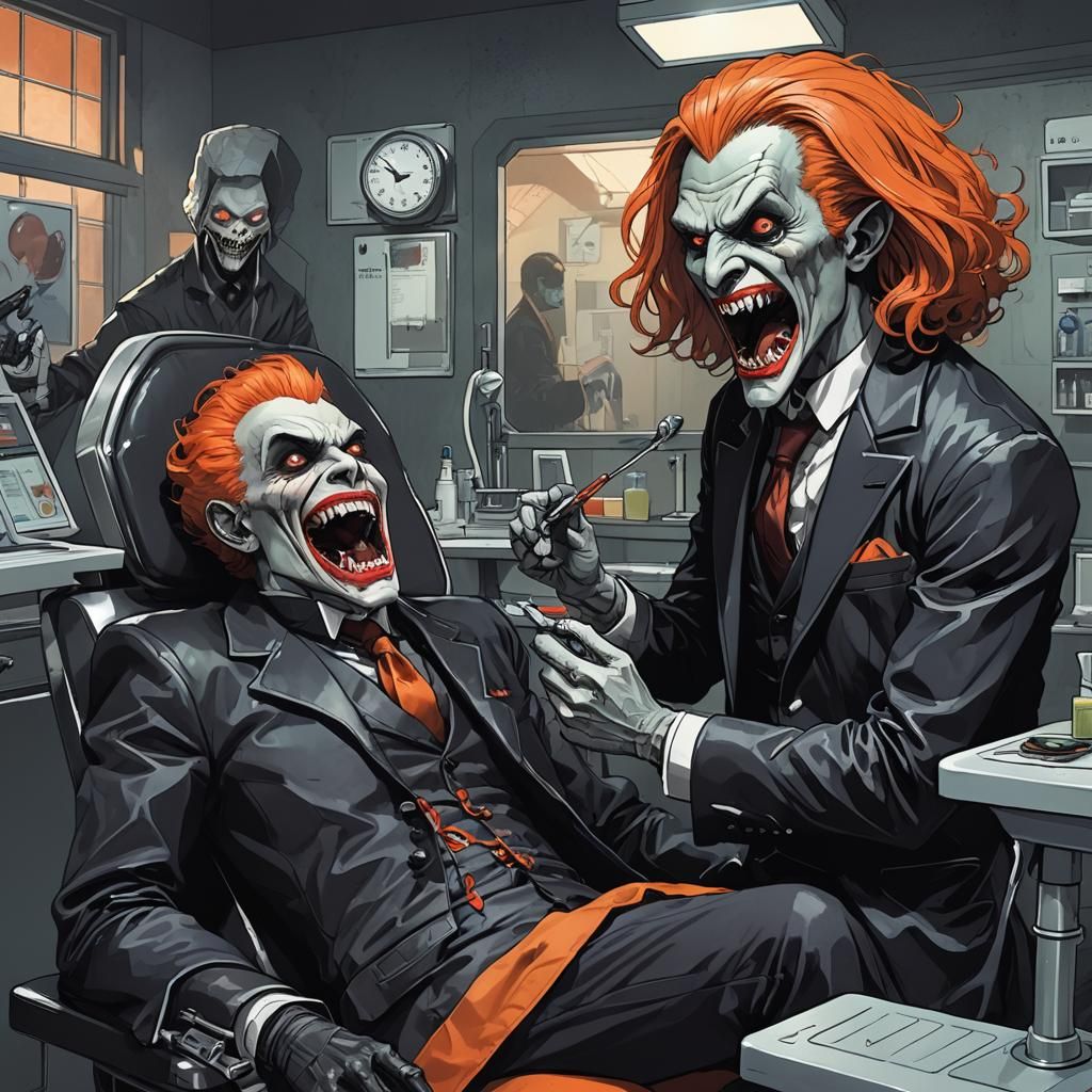 A vampire, dressed in a Gothic-inspired suit with a white dress shirt and black tie, nervously fidgets in a dentist's chair, his oversized...