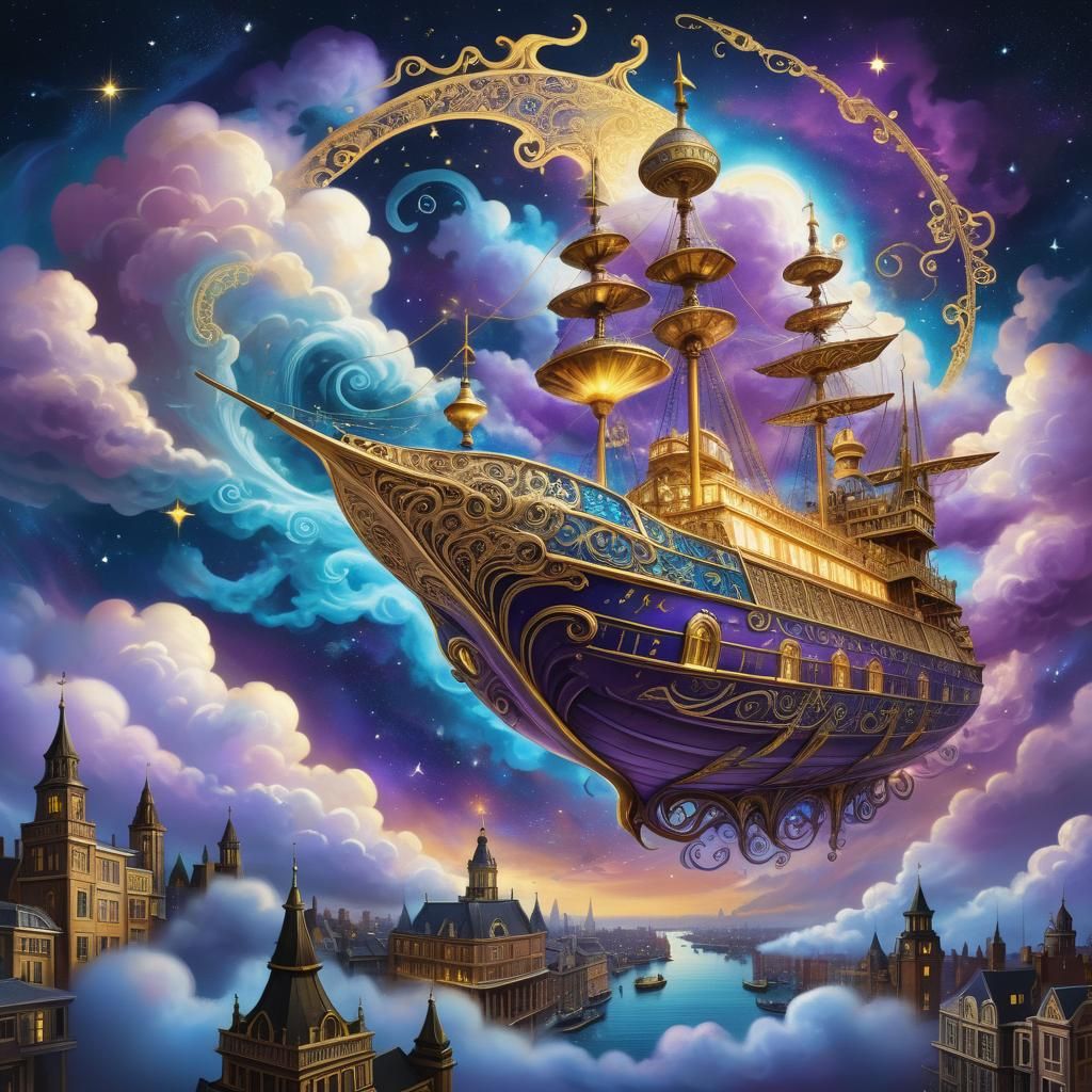 A majestic Aether-powered sky-ship floating above a Victorian-inspired city,   by @Lavender Days