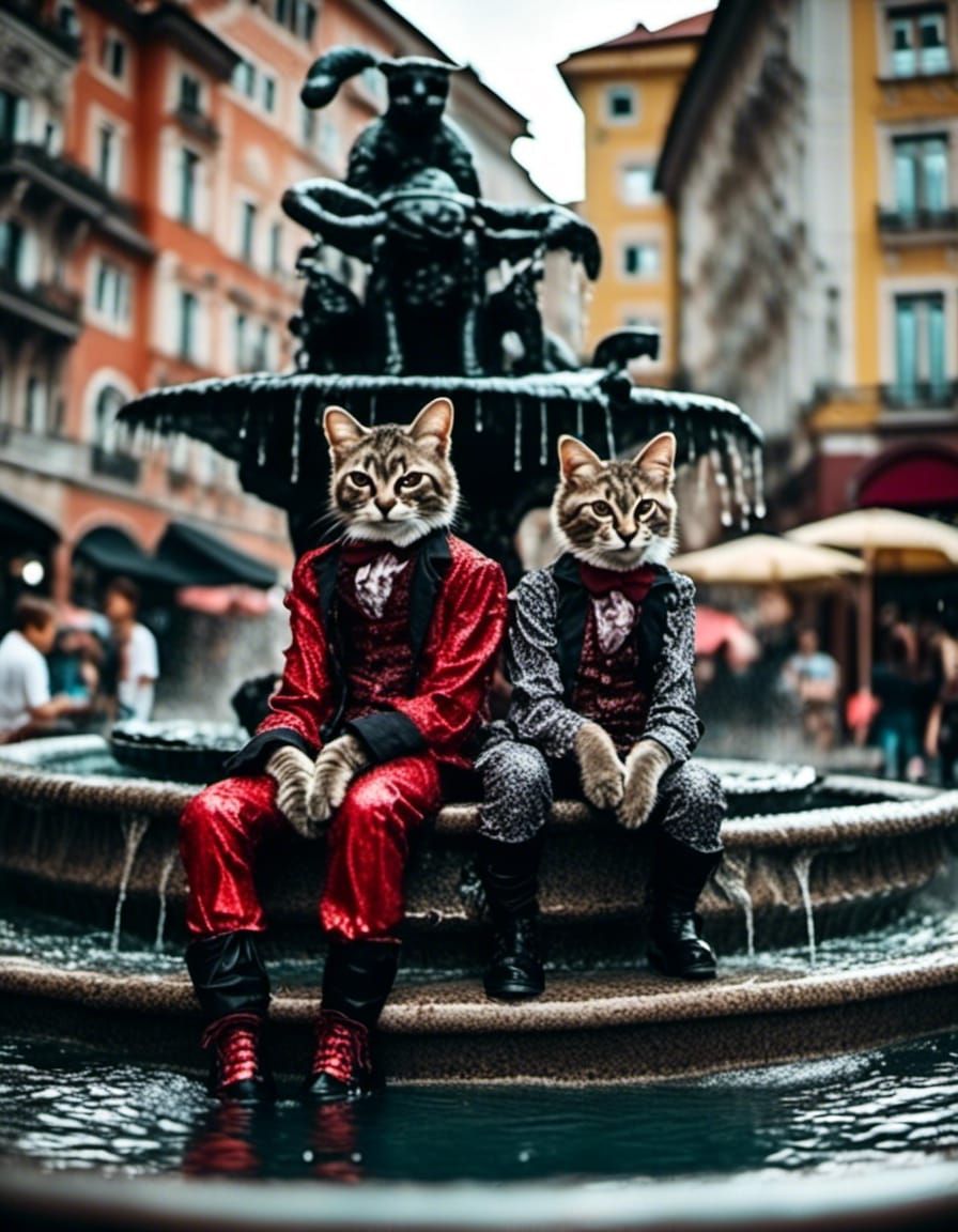 Rococo-Horrorcore Cats at a Fountain
