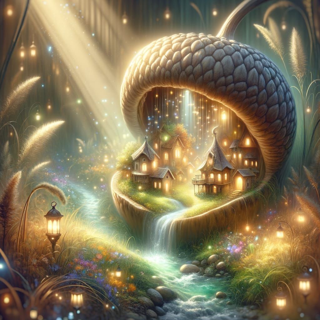 imagine a tiny fairy village nestled inside a hollowed-out acorn, complete with miniature houses, glowing ...  by @Shelby
