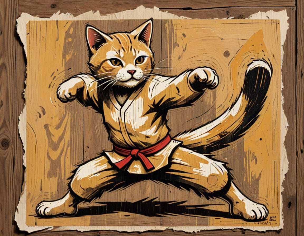 worn, heavily damaged, bleaked gelliplate print vintage depicting Karate Kitty doing a side kick, woodcut ...  by @BuddyD
