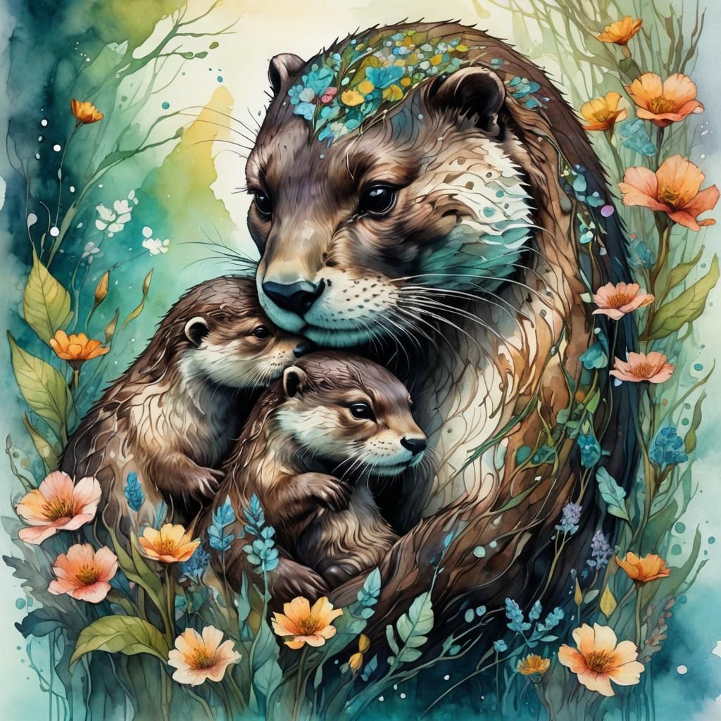 Momma Otter and Babies  by @Litnut17