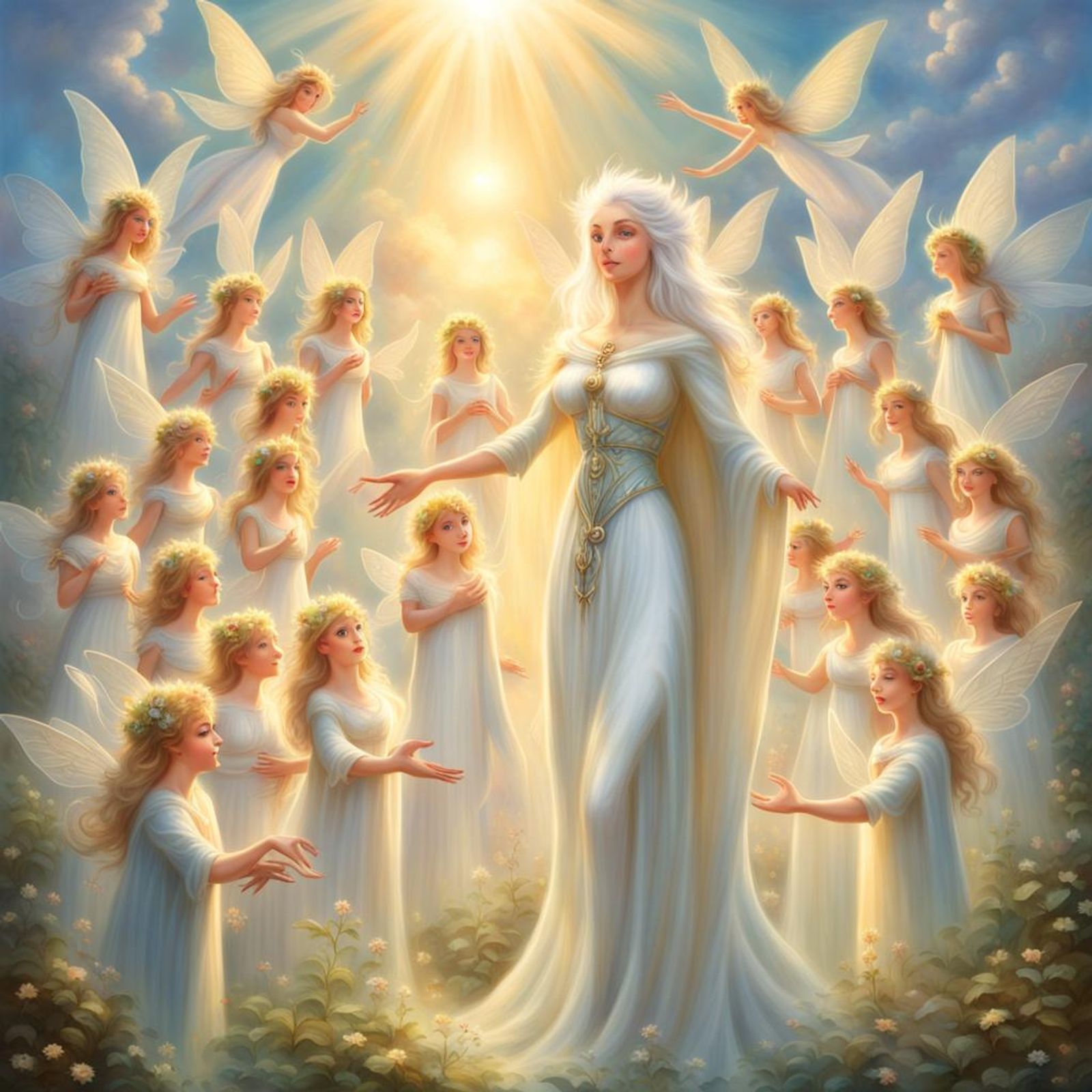 An Elfin Goddess with white hair stands tall with maximal fairies all ...