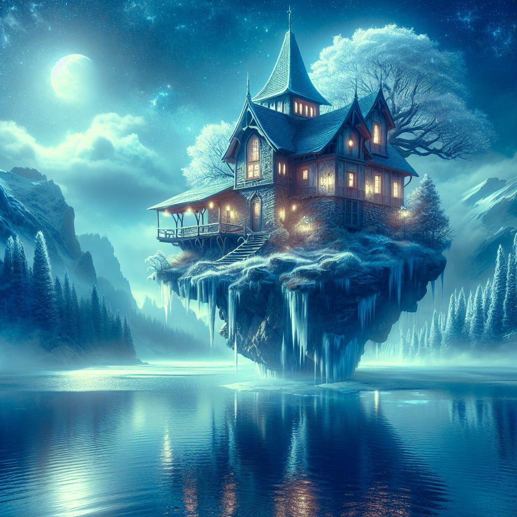 an enchanting image of a cobblestone house perched on a floating island suspended above a serene frozen ...  by @Alex