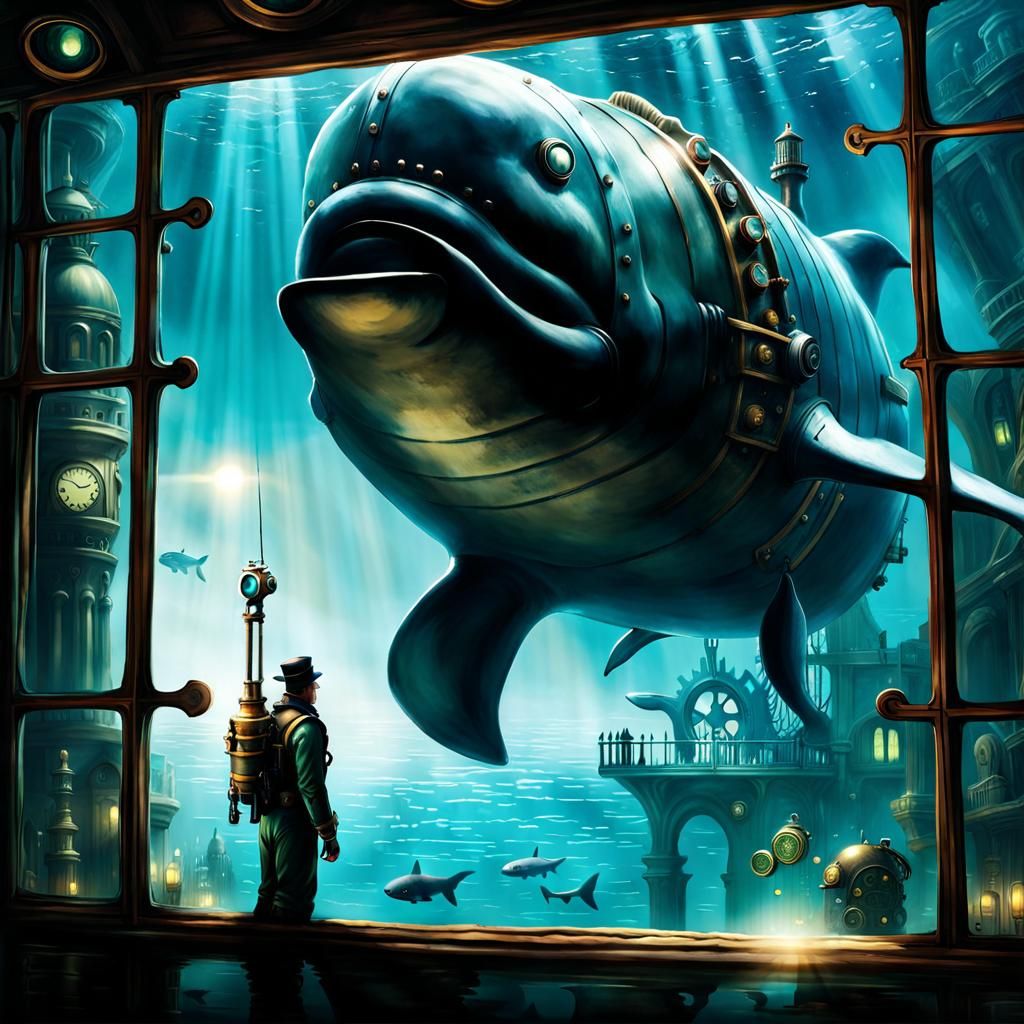 Underwater scene. Inside underwater city. Big Daddy from Bioshock