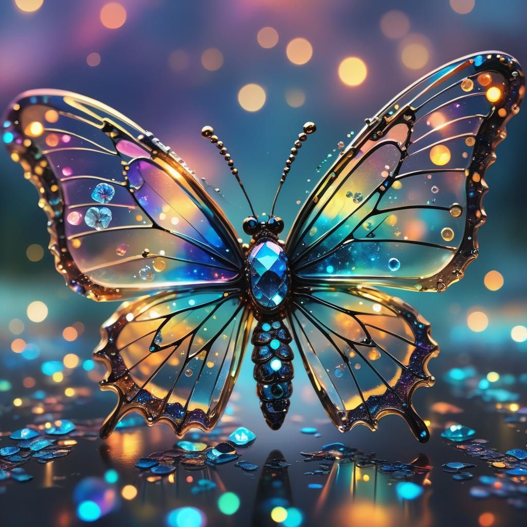 a bioluminescent butterfly made of crystal, bokeh, lots of sparkles, glass art, depth, rainbow, sunset ...  by @g r r c