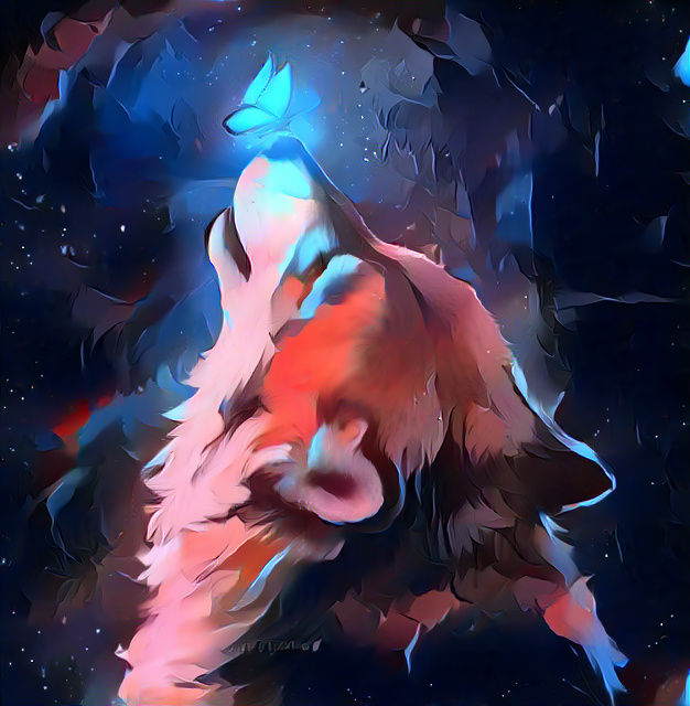 wolf with a butterfly on nose(comic style)