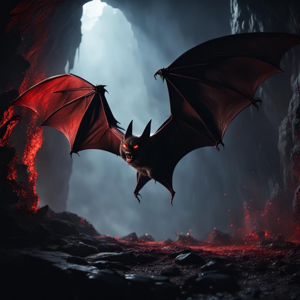 Giant Bat With Horns And Large Fangs, Wings Spread Open Ready To Attack 