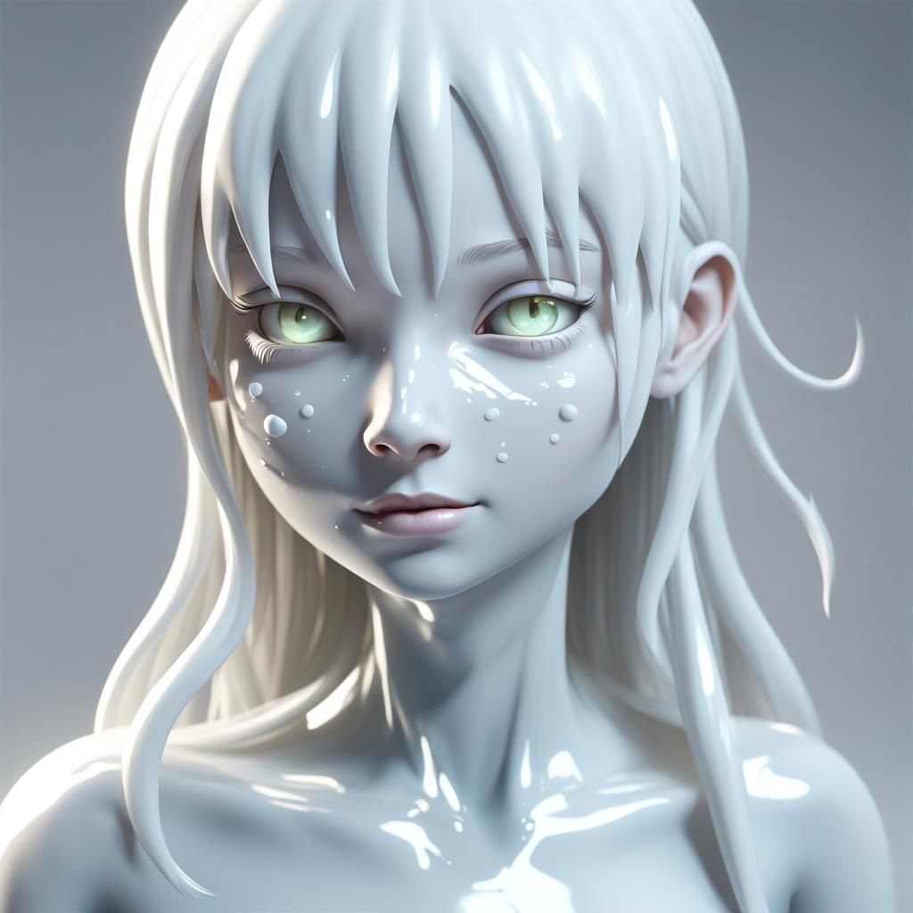 10 years old white slime girl,goop body,slime body,full body,liquid estruture,liquid,cute,pretty,calm,quiet
