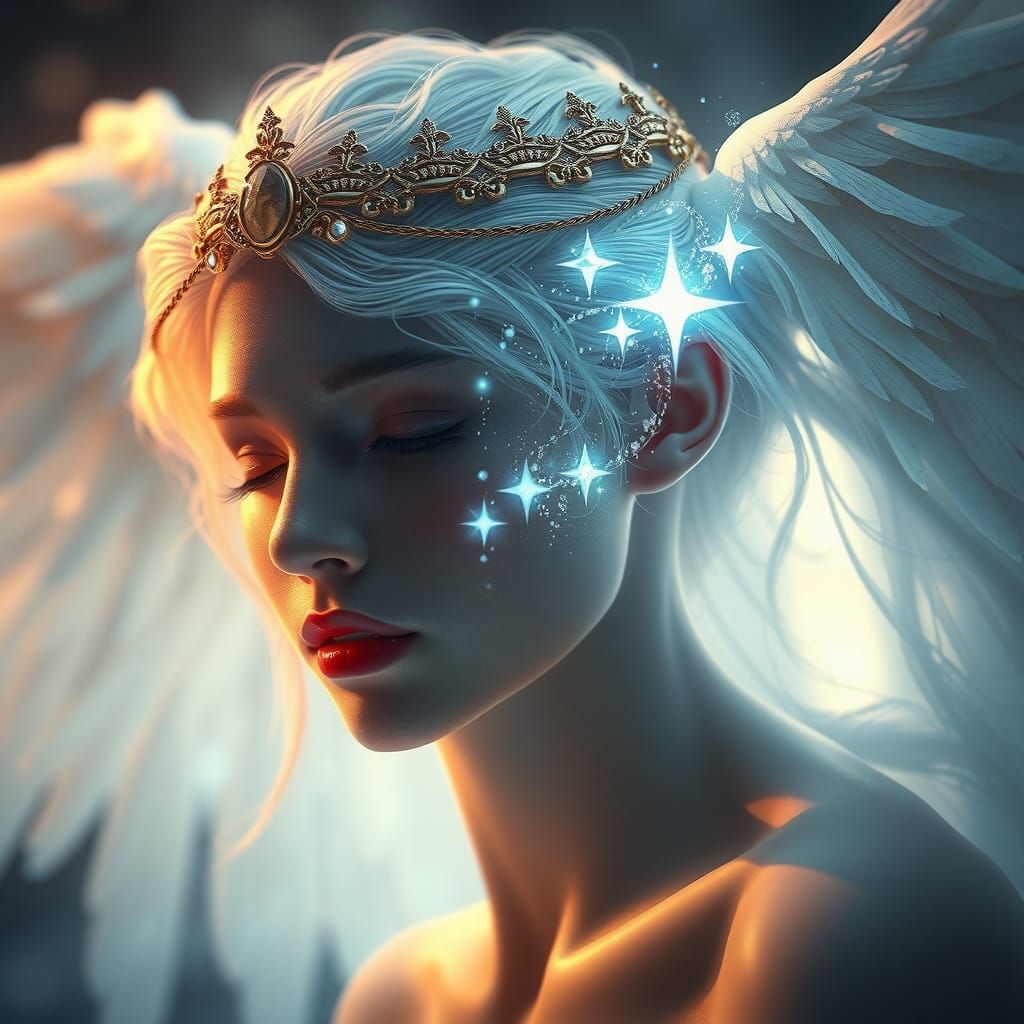 Angelic Portrait with Crystalline Tears in Fantasy Style