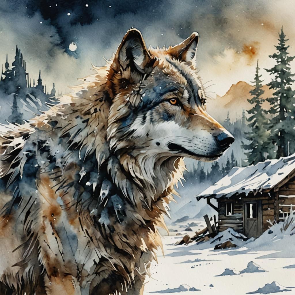 A watercolor styled image showcasing a stunning wolf's side profile.   by @undefined