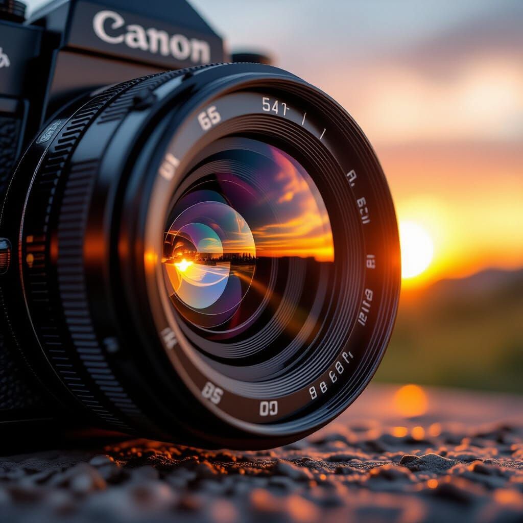 Close-up of a classic vintage camera lens, reflecting a stunning sunset landscape, intricate metal details, ...  by @Likra