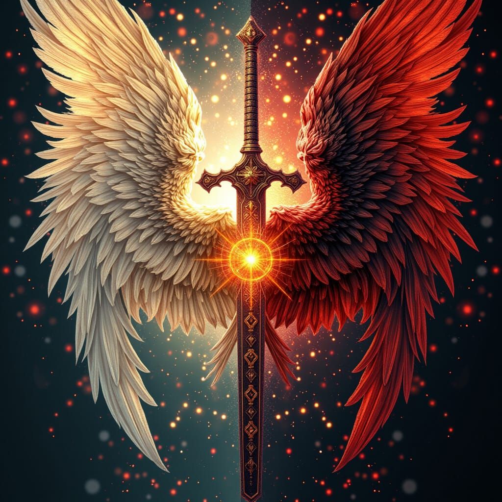 <lora:Heaven-or-Hell:0.5> In the style of a split screen:

On the left side is an Angel facing in is an Angelic Aurasync.

With a center div...