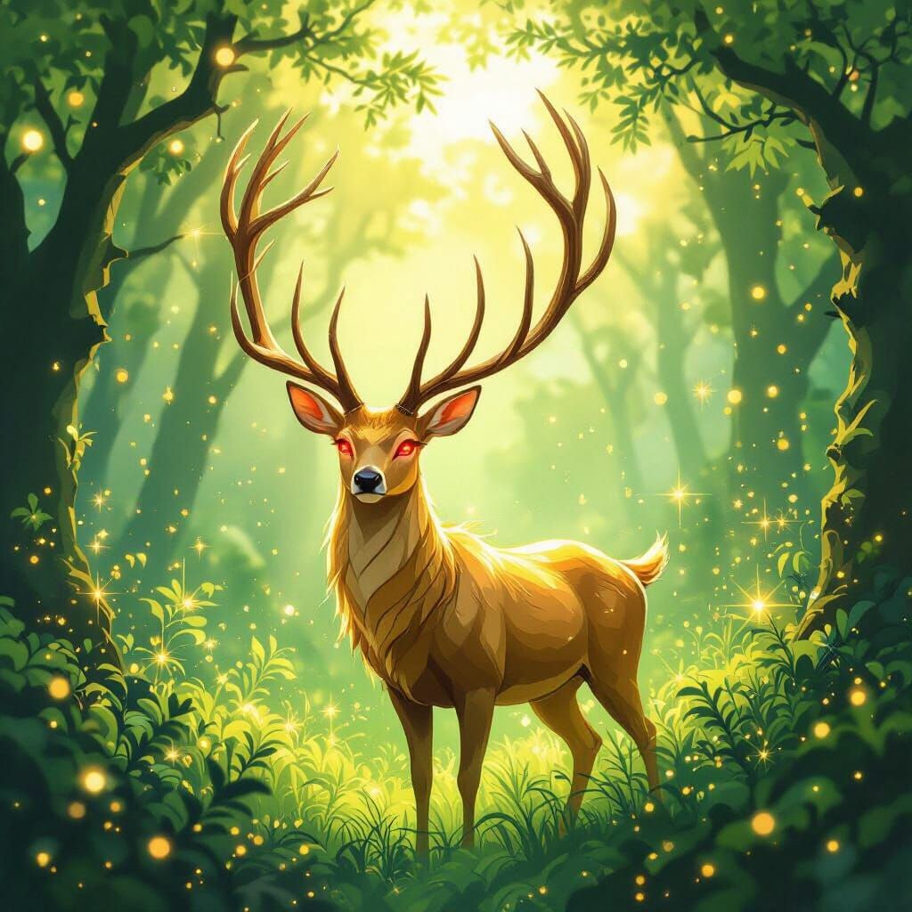 Golden Deer in Emerald Forest, Fantasy Art