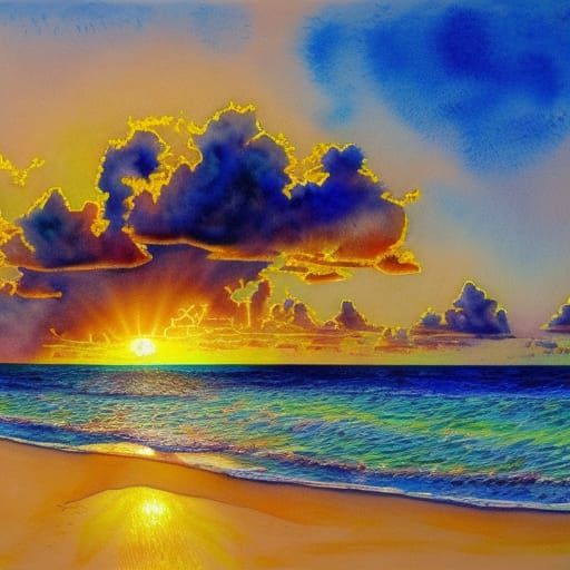 Watercolor of a sunrise on a magnificent Aruba beach hyperde...