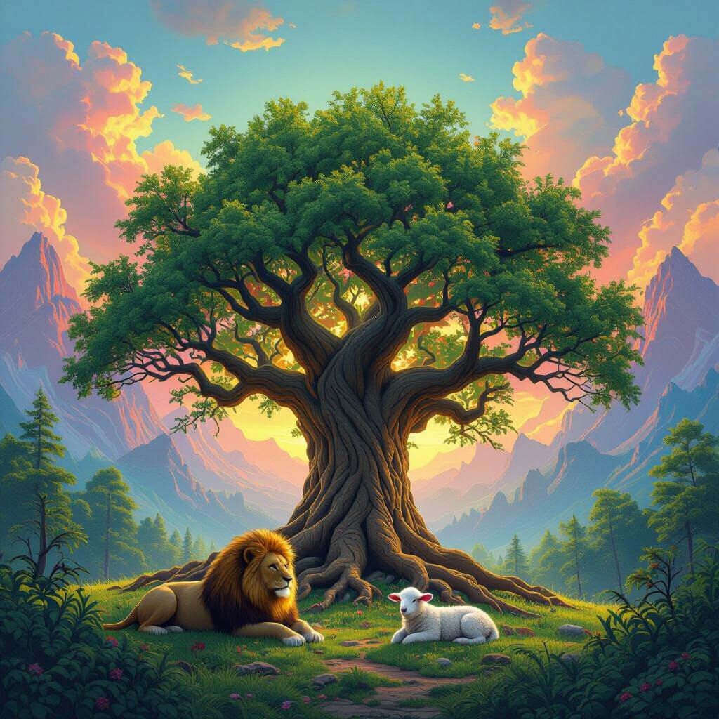Make the tree of life with large roots and a lion and a lamb lying down beside the tree. Make mountains and colorful trees in the background...