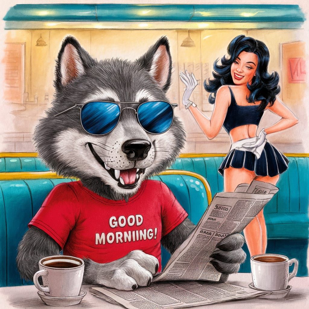 Crayon cartoon cute wolf with sunglasses dressed in a red t-...