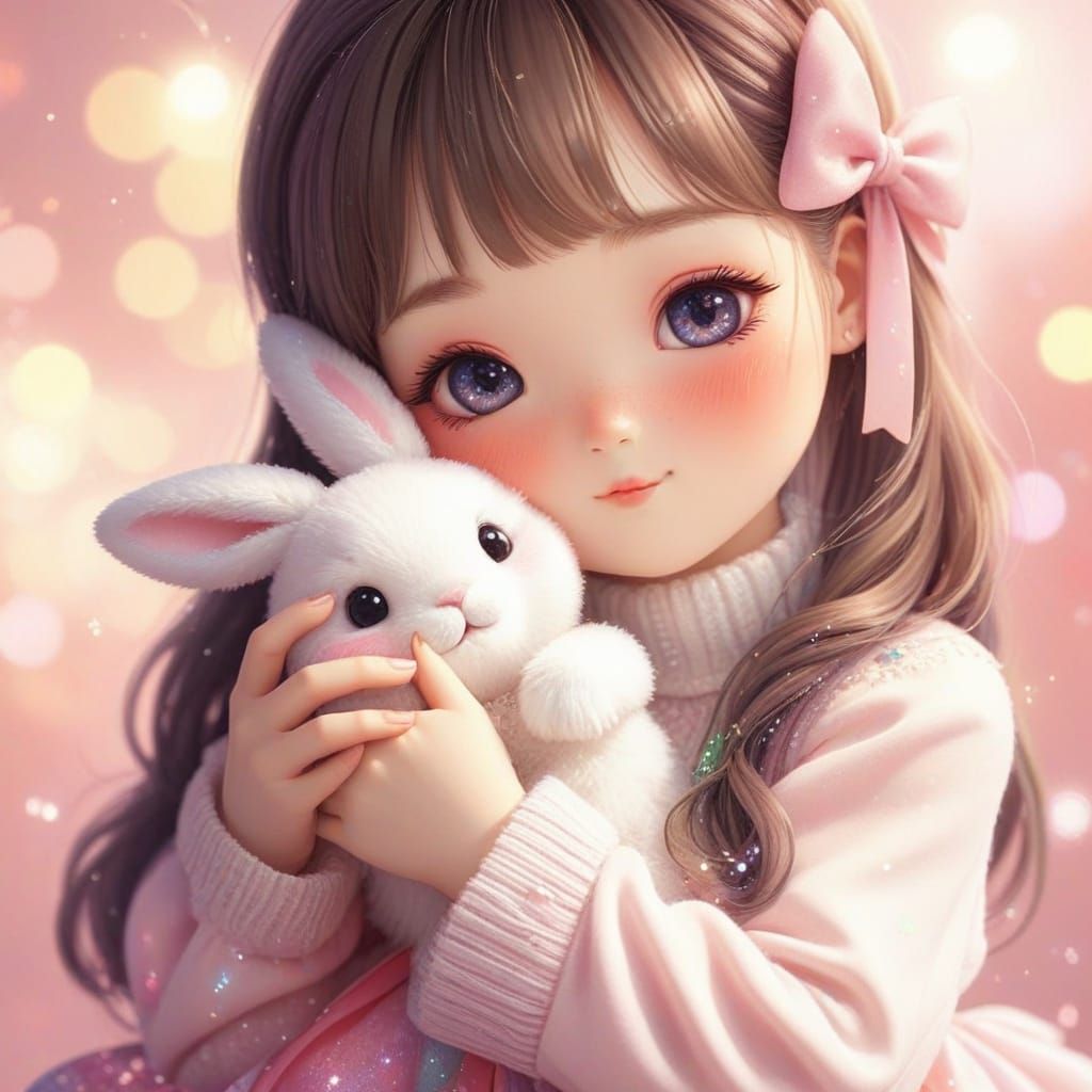 2D Pastel-colored kawaii-girl hug kawaii rabbit surrounded by sparkles  by @BJ-art
