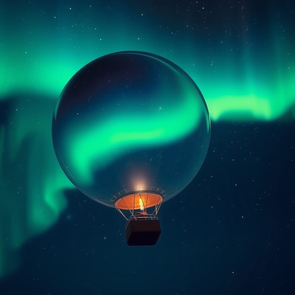 Hot Air Balloon in Starry Aurora Sky
