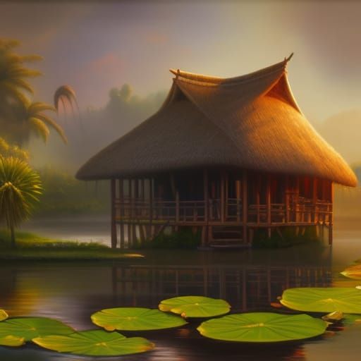 lotus flowers on water, traditional thatched house, village, oil ...