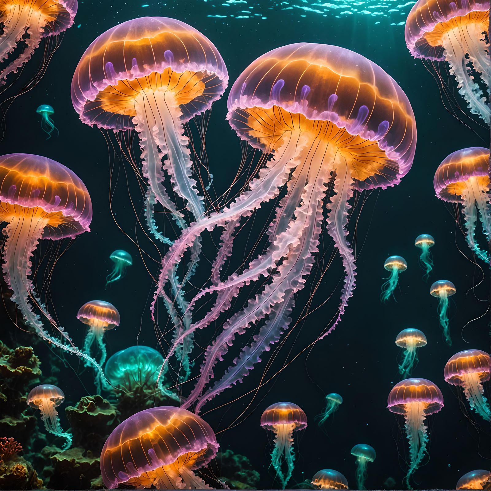 Electroluminescent iridescent jellyfish exploring sunken bat...