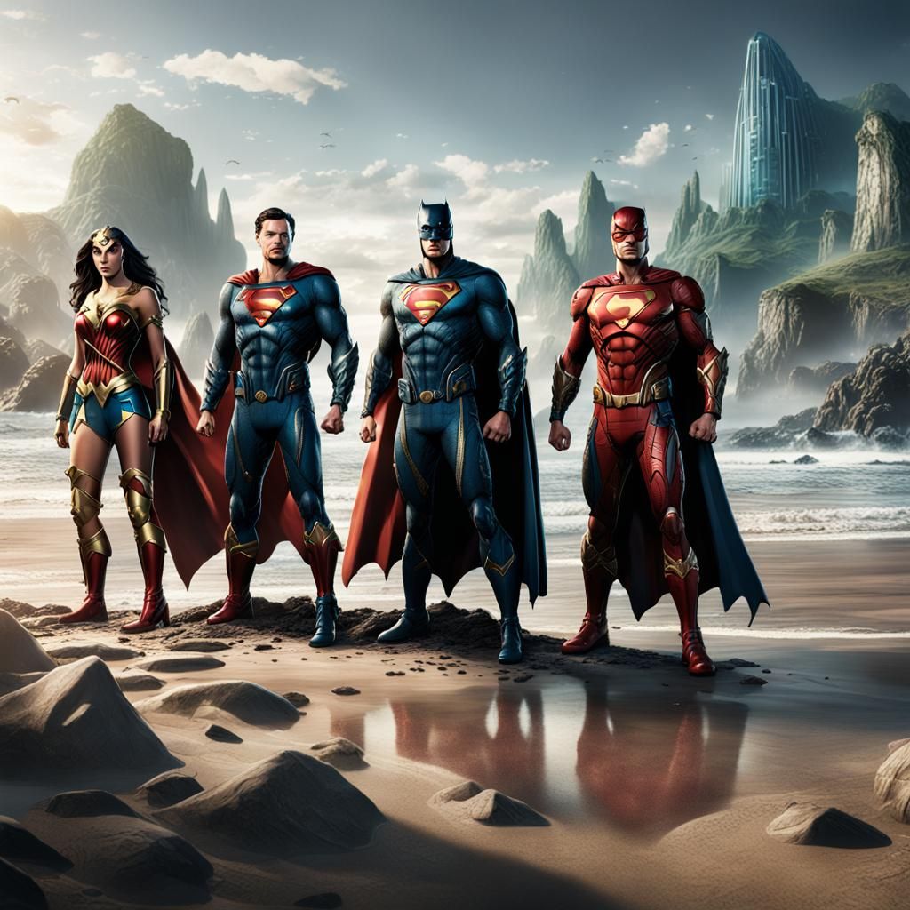 DC comics Justice League standing in a beach.