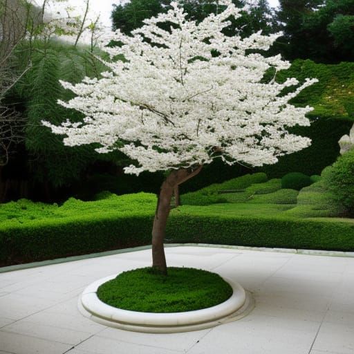 White blossom specimen tree with gnarled trunk, puffy white ...