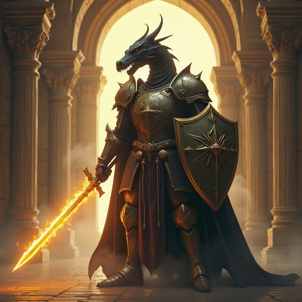 A knight, paladin, in heavy, shining armor. He has the head of a real black dragon. Ready for battle, he holds a magic sword in his right ha...