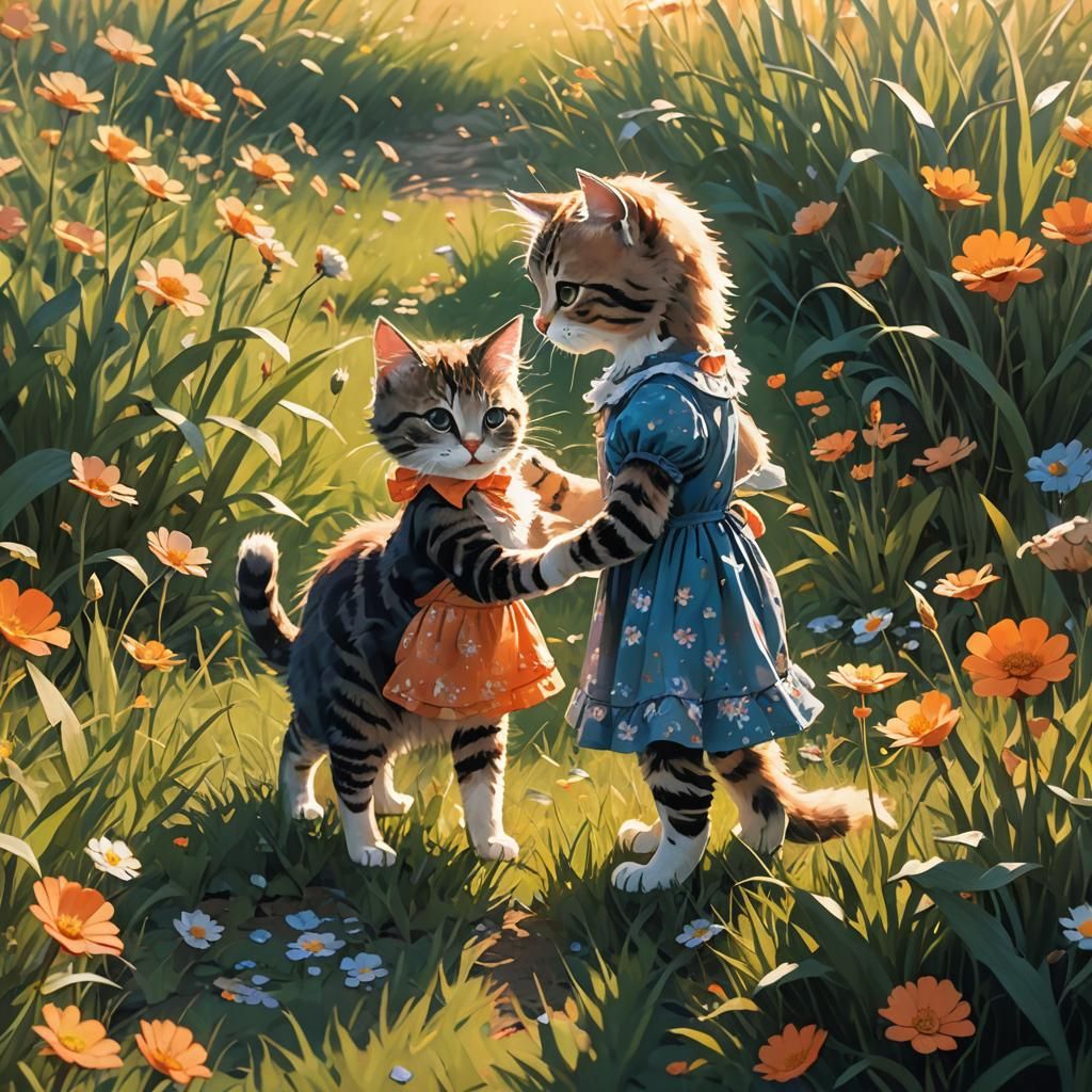 Anime Cat Picking Flower in Field, Digital Painting