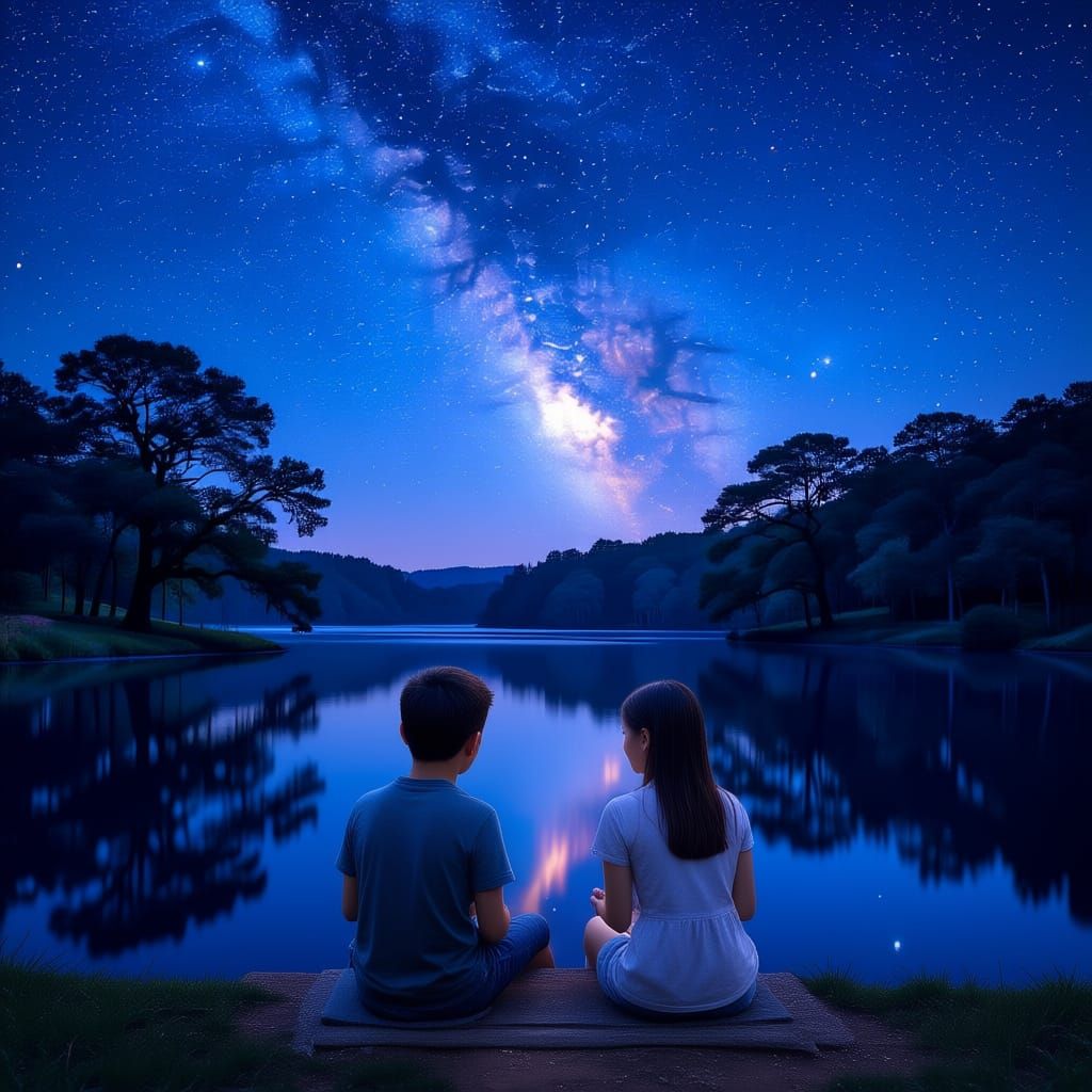 Create a lake where Milky way galaxy is reflected on it surrounded by oak tree and nebula start is seen 