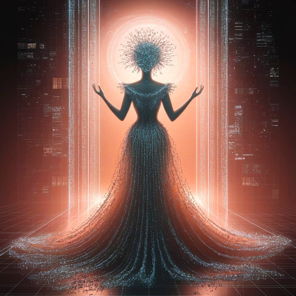 A digital oracle with a flowing gown of binary code stands before a shimmering portal, their eyes radiating an otherworldly glow. The backgr...