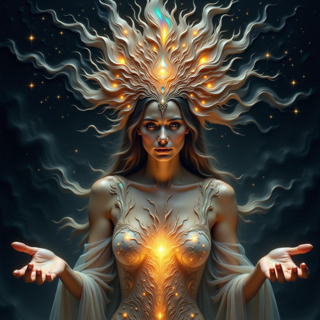 a cosmic being, headdress is composed of cosmic flower petals, hands out displaying her power against the darkness <lora:Beautiful Darkness:...