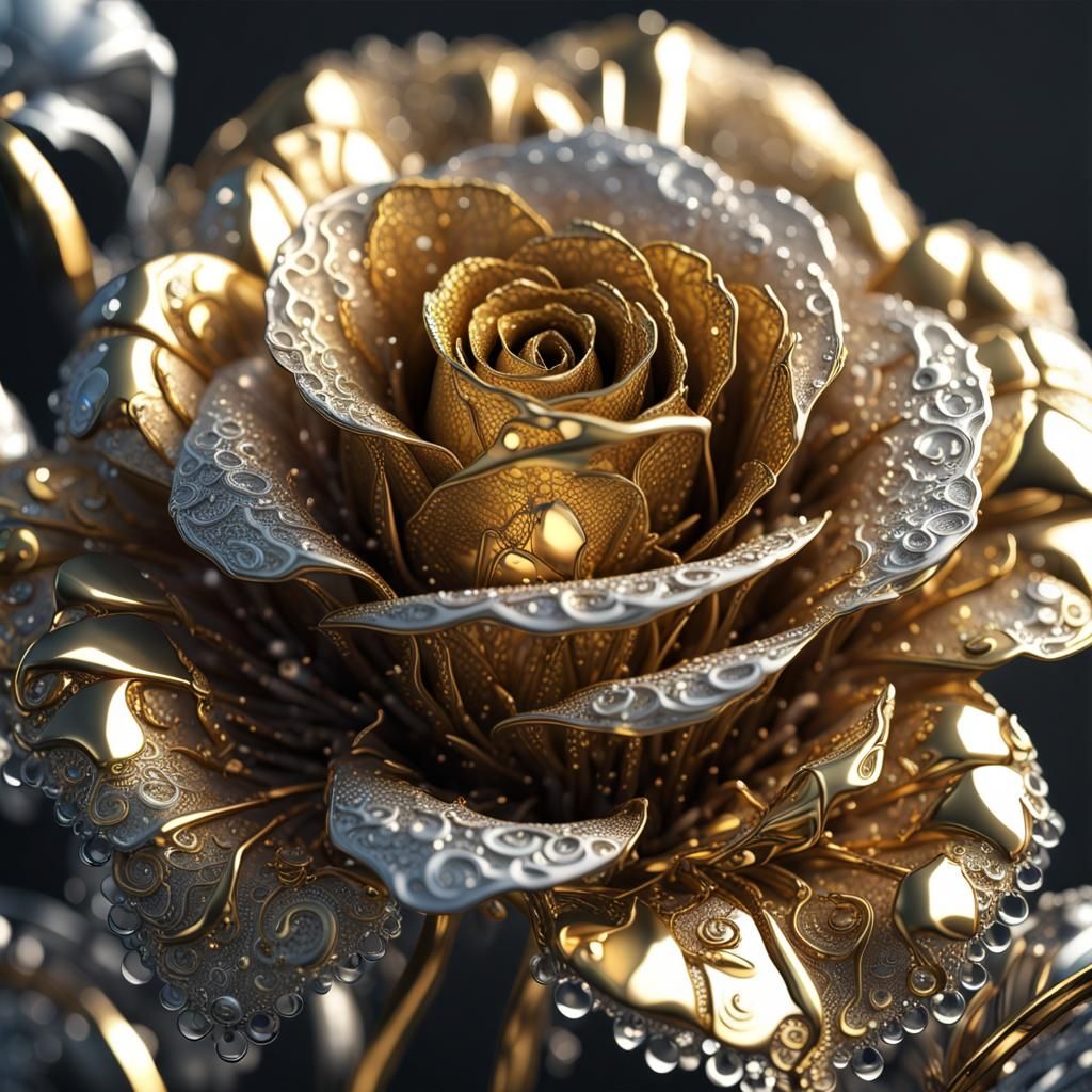 gold and silver rose flower with dew drops.  by @Sai314