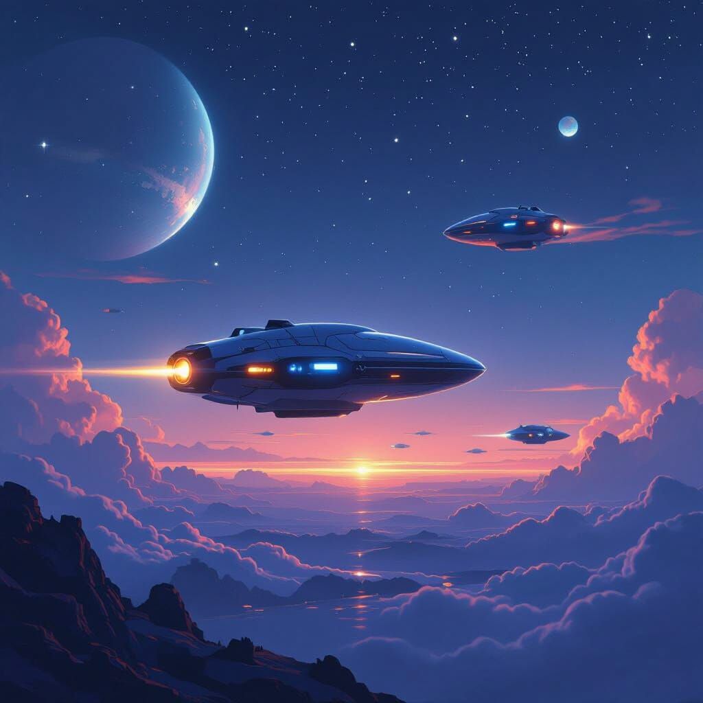 "Mysterious, multi-colored, small, cinematic, space-based nightscapes floating in the sky."