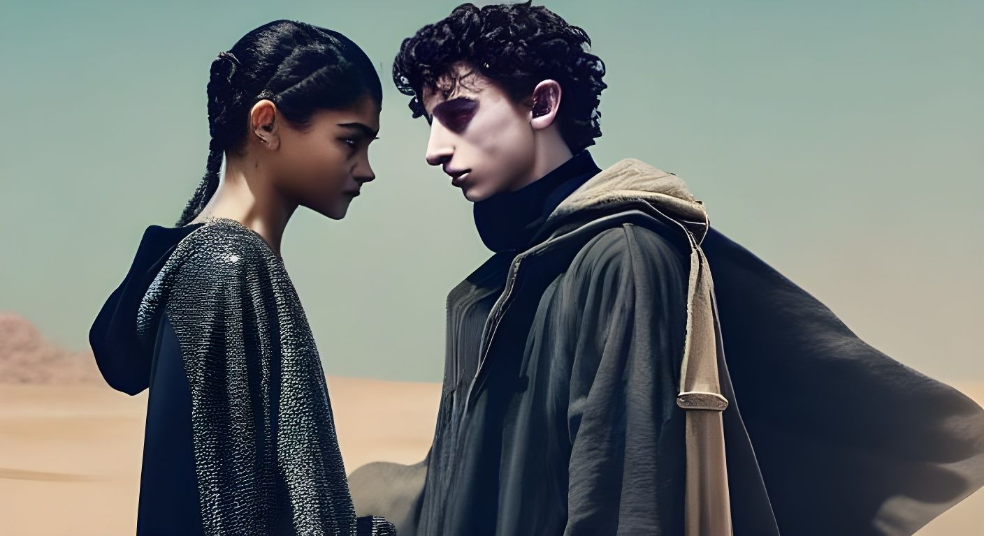 full body of glowing blue eyes timothee chalamet and zendaya...