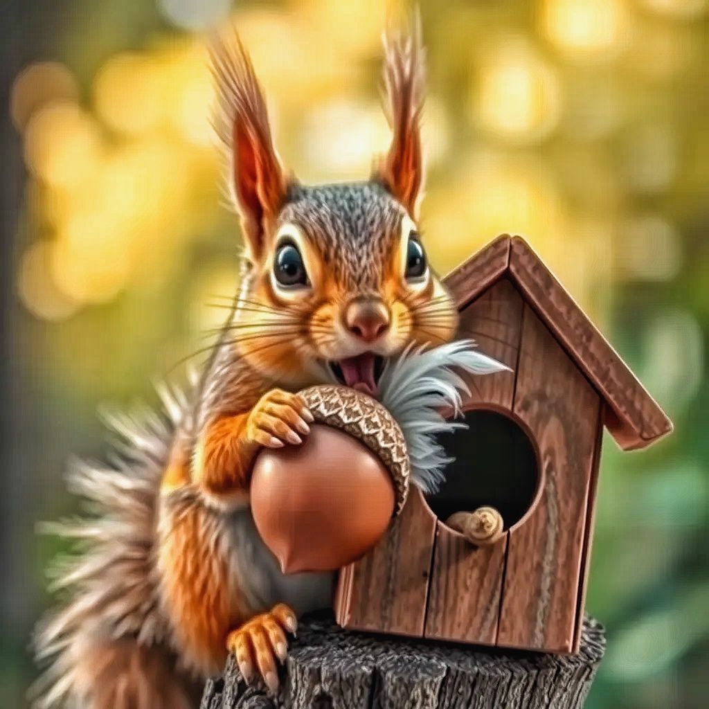 Mischievous Squirrel 1: Attempting to stuff an oversized acorn into a birdhouse