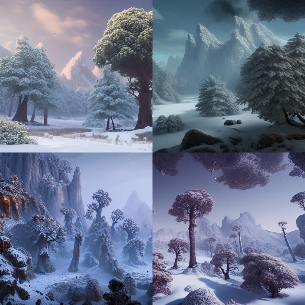 tall oak trees, high mountains covered with snow