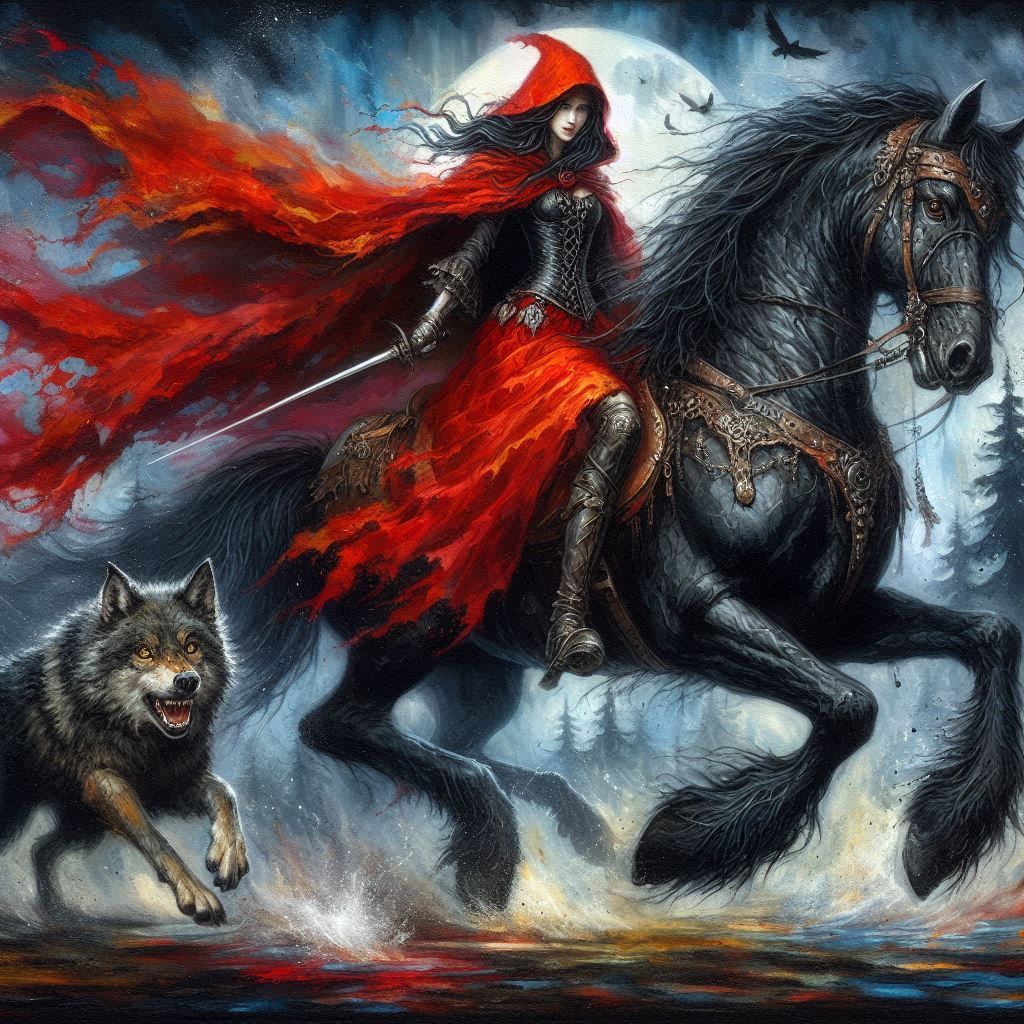 evil red riding hood riding on a black stallion and her cyber wolf acrylic oil watercolor