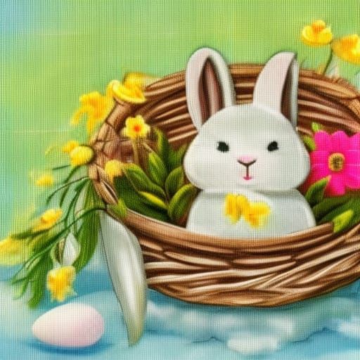 Easter bunny : Rabbit with a basket of eggs in a cute cottag...