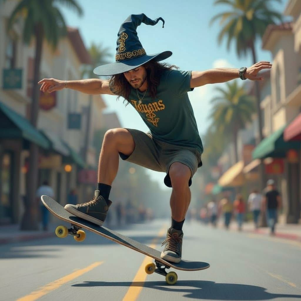 The Arch MageJefganis as a young wizard student early 20s strong in agile, physically fit, very handsome wearing shorts and tee shirt riding...