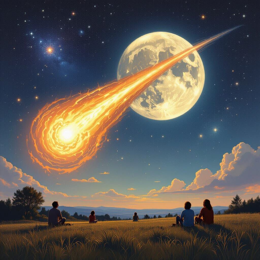 A stunning 8k resolution illustration of comet 3I/Atlas in proximity of Mars. Figures are visible on a field below, observing the celestial ... - Start Image 2