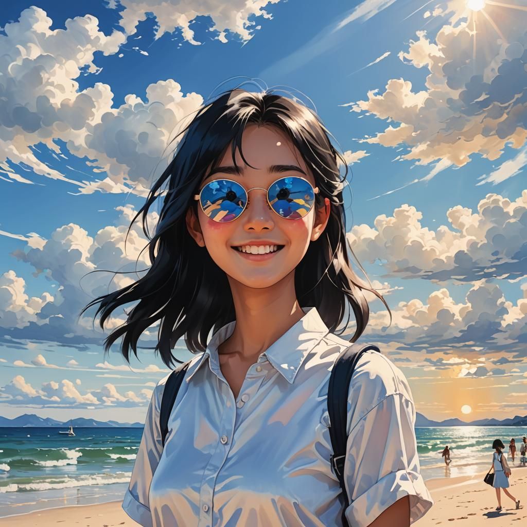 Anime Girl Smiling at Seaside in Vibrant Style